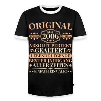 Vintage 2006 Perfectly Aged 20th Birthday - Men's Ringer Shirt - black/white - Front - AI Model Female 172 light (172cm) & AI Model Male 178 light (178cm)