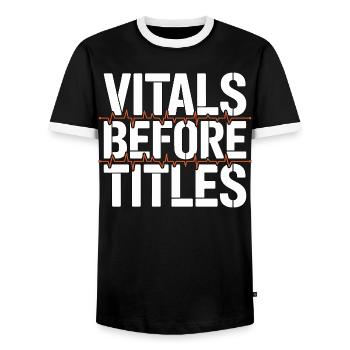 ICU Nurse Vitals Before Titles Intensive Care - Men's Ringer Shirt - black/white - Front - AI Model Female 172 light (172cm) & AI Model Male 178 light (178cm)