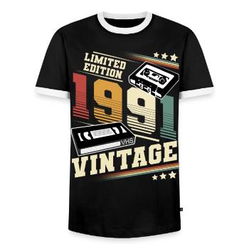 1991 Year of birth Year of manufacture Birthday vintage - Men's Ringer Shirt - black/white - Front - AI Model Female 172 light (172cm) & AI Model Male 178 light (178cm)