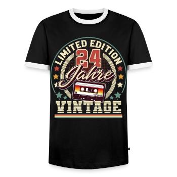 24th Birthday Vintage Cassette - Men's Ringer Shirt - black/white - Front - AI Model Female 172 light (172cm) & AI Model Male 178 light (178cm)