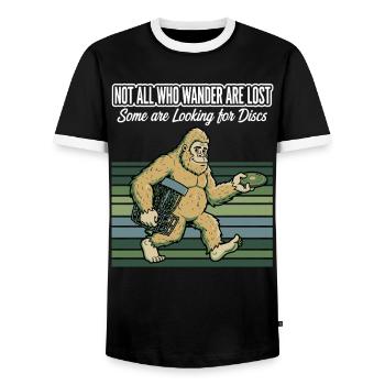 Disc Golf Not All Who Wander Are Lost - Men's Ringer Shirt - black/white - Front - AI Model Female 172 light (172cm) & AI Model Male 178 light (178cm)
