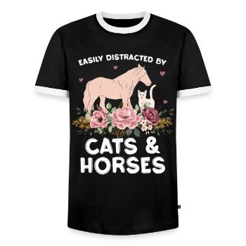 Katzen & Pferde im Blumenarrangement - Männer Kontrast-T-Shirt - Schwarz/Weiß - Vorne - AI Model Female 172 light (172cm) & AI Model Male 178 light (178cm)