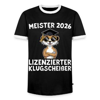 Examen de master réussi en 2026 : Maître de Suricate - T-shirt contrasté Homme - noir/blanc - Devant - AI Model Female 172 light (172cm) & AI Model Male 178 light (178cm)