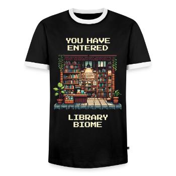 Entering the Library Biome | Library Reading Books - Men's Ringer Shirt - black/white - Front - AI Model Female 172 light (172cm) & AI Model Male 178 light (178cm)