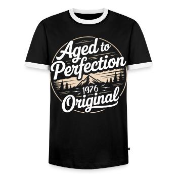Vintage 1976 Born Retro Original 1976 - Men's Ringer Shirt - black/white - Front - AI Model Female 172 light (172cm) & AI Model Male 178 light (178cm)