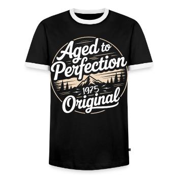 Vintage 1975 Born Retro Original 1975 - Men's Ringer Shirt - black/white - Front - AI Model Female 172 light (172cm) & AI Model Male 178 light (178cm)