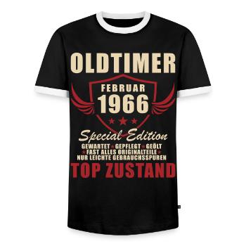 February 1966 - February 1966 Gift - Men's Ringer Shirt - black/white - Front - AI Model Female 172 light (172cm) & AI Model Male 178 light (178cm)
