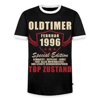 Birthday February 1996 - Men's Ringer Shirt - black/white - Front - AI Model Female 172 light (172cm) & AI Model Male 178 light (178cm)