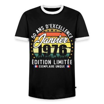 Janvier 1976 Vintage Cadeau Anniversaire 50 Ans - Men's Ringer Shirt - black/white - Front - AI Model Female 172 light (172cm) & AI Model Male 178 light (178cm)
