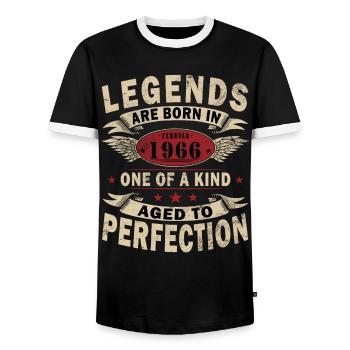 February 1966 - February 1966 Gift - Men's Ringer Shirt - black/white - Front - AI Model Female 172 light (172cm) & AI Model Male 178 light (178cm)