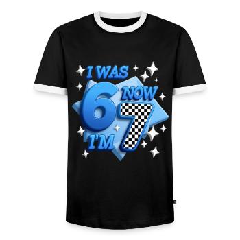 67 Six Sept À damier bleu J’étais Maintenant je suis - T-shirt contrasté Homme - noir/blanc - Devant - AI Model Female 172 light (172cm) & AI Model Male 178 light (178cm)