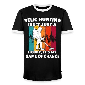 Relic Seeker Metal Detector - Men's Ringer Shirt - black/white - Front - AI Model Female 172 light (172cm) & AI Model Male 178 light (178cm)