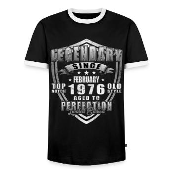 Février 1976. Février 1976 Cadeau d’anniversaire. - T-shirt contrasté Homme - noir/blanc - Devant - AI Model Female 172 light (172cm) & AI Model Male 178 light (178cm)
