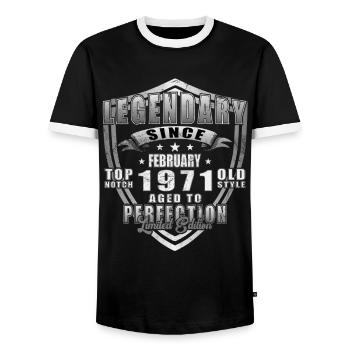 Born in February 1971 vintage 1971 Birthday - Men's Ringer Shirt - black/white - Front - AI Model Female 172 light (172cm) & AI Model Male 178 light (178cm)