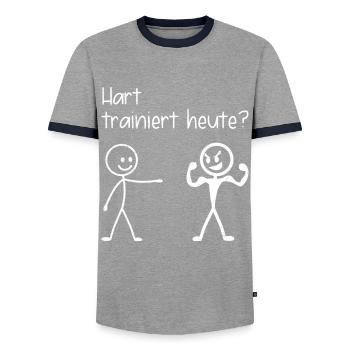 Fitnessstudio HART TRAINIERT HEUTE LUSTIG - Männer Kontrast-T-Shirt - Grau/Navy  - Vorne - AI Model Female 172 light (172cm) & AI Model Male 178 light (178cm)