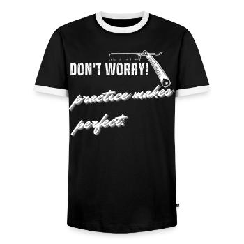 Lustige Übung mit dem Rasierer des Friseurs macht den perfekten Haarschnitt. - Männer Kontrast-T-Shirt - Schwarz/Weiß - Vorne - AI Model Female 172 light (172cm) & AI Model Male 178 light (178cm)