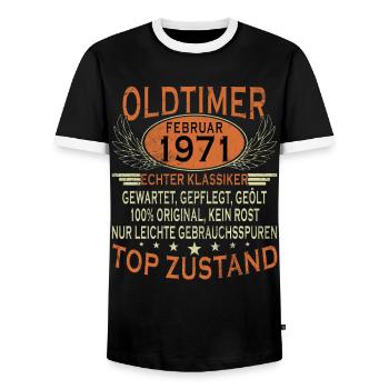 Born in February 1971 vintage 1971 Birthday - Men's Ringer Shirt - black/white - Front - AI Model Female 172 light (172cm) & AI Model Male 178 light (178cm)