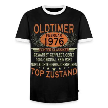 50th anniversary, 50 years, February 1976 Vinta - Men's Ringer Shirt - black/white - Front - AI Model Female 172 light (172cm) & AI Model Male 178 light (178cm)