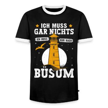 North Sea holiday DOESN'T HAVE TO GO TO BÜSUM - Men's Ringer Shirt - black/white - Front - AI Model Female 172 light (172cm) & AI Model Male 178 light (178cm)
