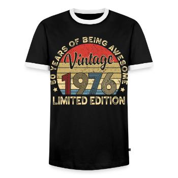 Vintage Vintage 1976 – 50th Anniversary - Men's Ringer Shirt - black/white - Front - AI Model Female 172 light (172cm) & AI Model Male 178 light (178cm)