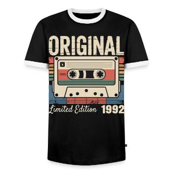 34th Anniversary - Vintage Gift 1992 - Men's Ringer Shirt - black/white - Front - AI Model Female 172 light (172cm) & AI Model Male 178 light (178cm)