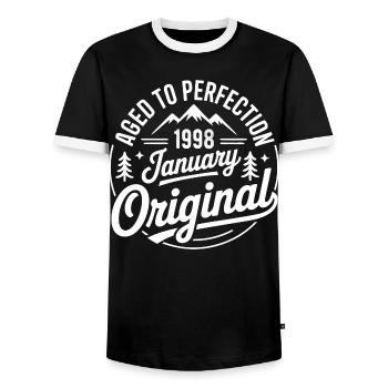 Januar 1998 – Vintage-Outdoor-Abenteuerausgabe - Männer Kontrast-T-Shirt - Schwarz/Weiß - Vorne - AI Model Female 172 light (172cm) & AI Model Male 178 light (178cm)