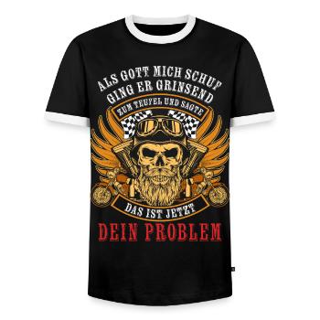 Als Gott mich schuf ging er grinsend zum Teufel - Männer Kontrast-T-Shirt - Schwarz/Weiß - Vorne - AI Model Female 172 light (172cm) & AI Model Male 178 light (178cm)