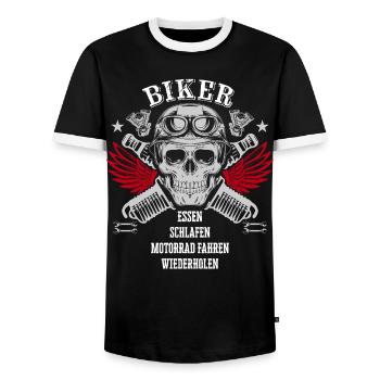 Biker - Essen - Schlafen - Motorrad fahren - Männer Kontrast-T-Shirt - Schwarz/Weiß - Vorne - AI Model Female 172 light (172cm) & AI Model Male 178 light (178cm)