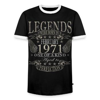 Born in February 1971 vintage 1971 Birthday - Men's Ringer Shirt - black/white - Front - AI Model Female 172 light (172cm) & AI Model Male 178 light (178cm)