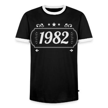 Vintage 1982 Retro Anniversary 1982 - Men's Ringer Shirt - black/white - Front - AI Model Female 172 light (172cm) & AI Model Male 178 light (178cm)