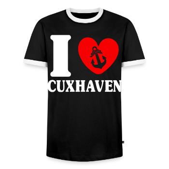 North Sea Holiday I LOVE CUXHAVEN Lustig - Men's Ringer Shirt - black/white - Front - AI Model Female 172 light (172cm) & AI Model Male 178 light (178cm)