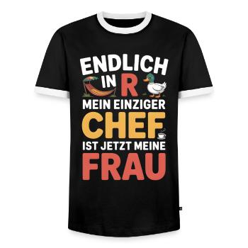 Rente Ente Ruhestand  Einziger Chef ist meine Frau - Men's Ringer Shirt - black/white - Front - AI Model Female 172 light (172cm) & AI Model Male 178 light (178cm)