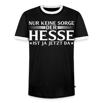 Hesse is here now - Hessian dialect - Men's Ringer Shirt - black/white - Front - AI Model Female 172 light (172cm) & AI Model Male 178 light (178cm)