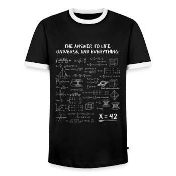 The Answer to Everything – Science Nerd Design - Men's Ringer Shirt - black/white - Front - AI Model Female 172 light (172cm) & AI Model Male 178 light (178cm)