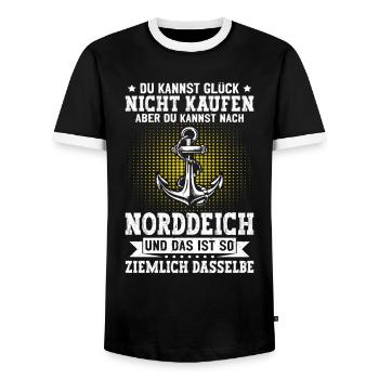 NORTH SEA YOU CAN'T BUY HAPPINESS BUT AFTER - Men's Ringer Shirt - black/white - Front - AI Model Female 172 light (172cm) & AI Model Male 178 light (178cm)