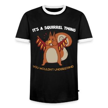 Winged Squirrel Saying - Men's Ringer Shirt - black/white - Front - AI Model Female 172 light (172cm) & AI Model Male 178 light (178cm)