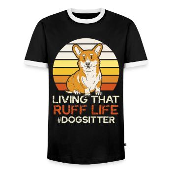 Ruff Life Corgi Retro Sunset - Men's Ringer Shirt - black/white - Front - AI Model Female 172 light (172cm) & AI Model Male 178 light (178cm)