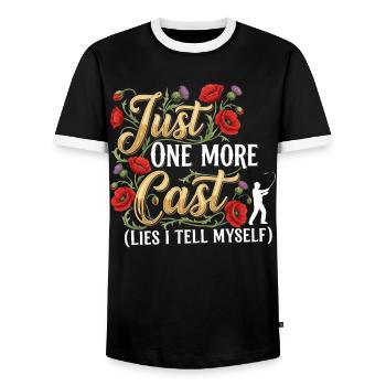 Just One More Cast Lies I Tell Myself Fishing - Men's Ringer Shirt - black/white - Front - AI Model Female 172 light (172cm) & AI Model Male 178 light (178cm)