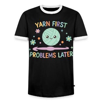 Yarn First Problems Later Funny Crochet Yarn - Men's Ringer Shirt - black/white - Front - AI Model Female 172 light (172cm) & AI Model Male 178 light (178cm)