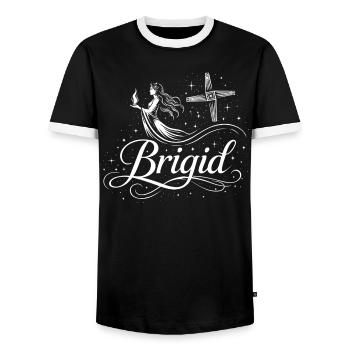 Imbolc Brigid & Flame - Symbol & Cross - Men's Ringer Shirt - black/white - Front - AI Model Female 172 light (172cm) & AI Model Male 178 light (178cm)