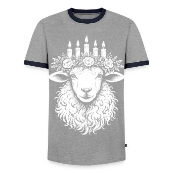 Mouton Imbolc avec couronne de bougie lumineuse - T-shirt contrasté Homme - gris/marine  - Devant - AI Model Female 172 light (172cm) & AI Model Male 178 light (178cm)