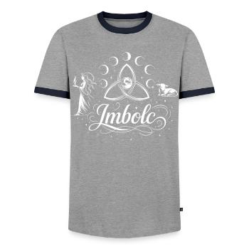 Festival des Bougies d’Imbolc avec Brigid, Lamb et Moon - T-shirt contrasté Homme - gris/marine  - Devant - AI Model Female 172 light (172cm) & AI Model Male 178 light (178cm)