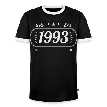 Vintage 1993 Retro Anniversary 1993 - Men's Ringer Shirt - black/white - Front - AI Model Female 172 light (172cm) & AI Model Male 178 light (178cm)