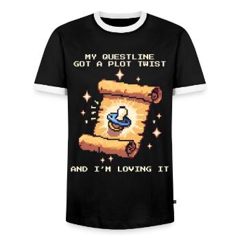 Questline Plot Twist | Baby hat alles geändert - Männer Kontrast-T-Shirt - Schwarz/Weiß - Vorne - AI Model Female 172 light (172cm) & AI Model Male 178 light (178cm)