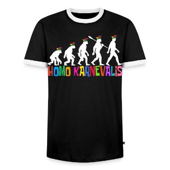 Homo Carnival | Évolution des Fous, Engraissé - T-shirt contrasté Homme - noir/blanc - Devant - AI Model Female 172 light (172cm) & AI Model Male 178 light (178cm)
