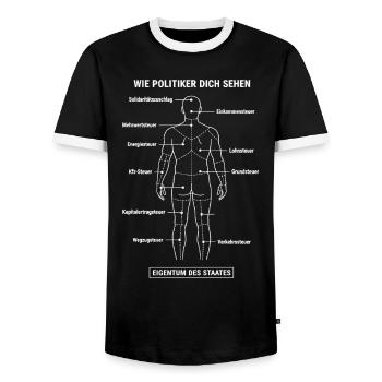 Dismantling Plan Taxpayer - Anatomy Property State - Men's Ringer Shirt - black/white - Front - AI Model Female 172 light (172cm) & AI Model Male 178 light (178cm)