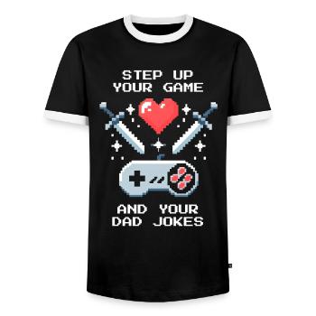 Level Up & Dad Jokes | Bonus Dad Patchwork - Men's Ringer Shirt - black/white - Front - AI Model Female 172 light (172cm) & AI Model Male 178 light (178cm)