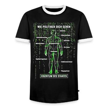 System error taxpayer - matrix dismantling plan - Men's Ringer Shirt - black/white - Front - AI Model Female 172 light (172cm) & AI Model Male 178 light (178cm)