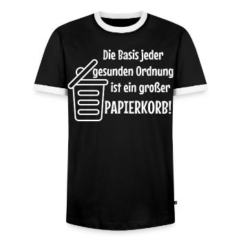 Basic Order: Large Wastepaper Bin Witzer Saying Office - Men's Ringer Shirt - black/white - Front - AI Model Female 172 light (172cm) & AI Model Male 178 light (178cm)