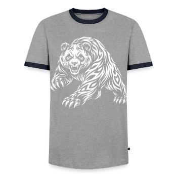 Wild Panda – Tribal Bear Motif - Men's Ringer Shirt - grey/navy  - Front - AI Model Female 172 light (172cm) & AI Model Male 178 light (178cm)